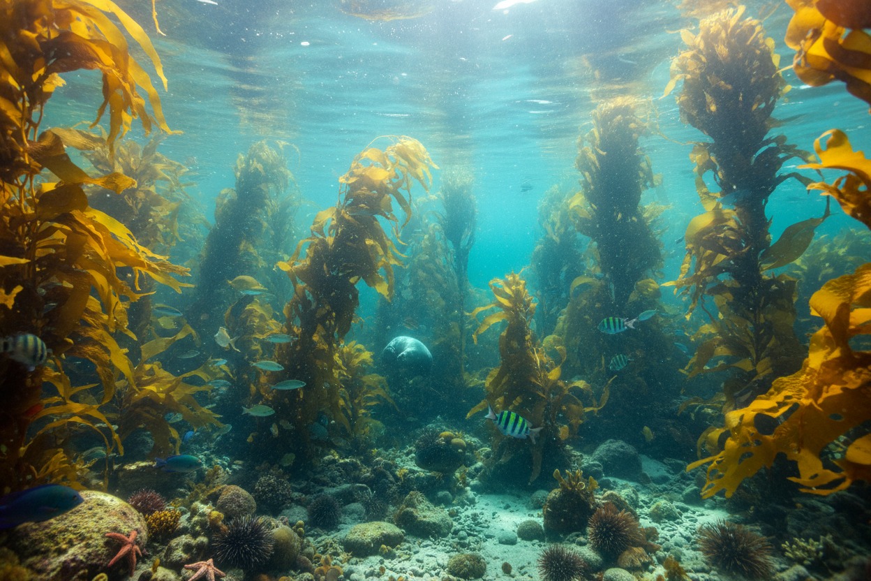 A seal swims through a sunlit underwater kelp forest filled with small fish and sea urchins on the rocky ocean floor.