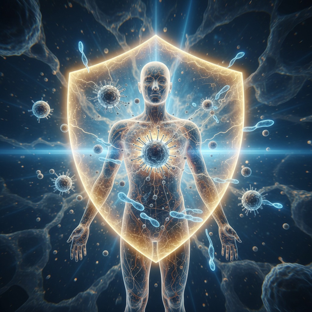 A glowing human silhouette stands protected by a golden shield against surrounding viruses and bacteria.