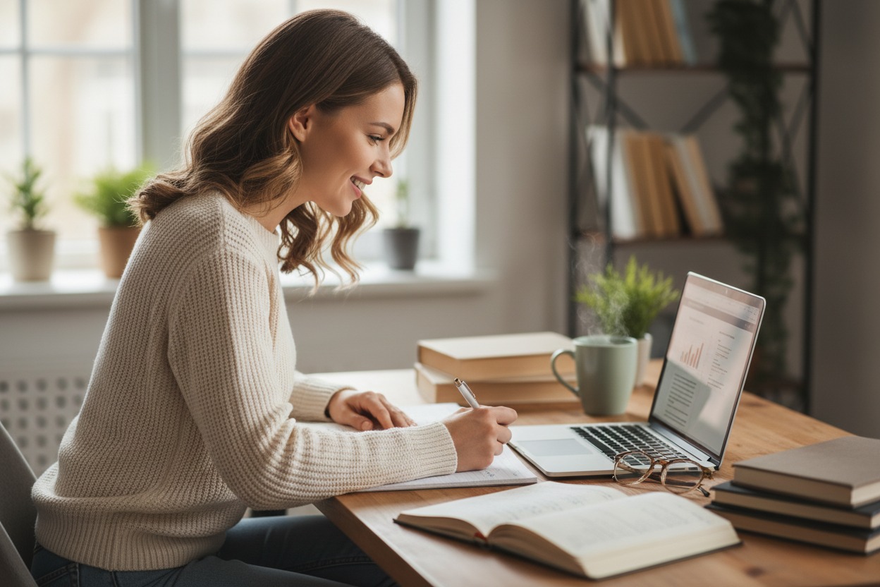 A smiling woman sits at a desk, writing in a notebook while working on a laptop next to a steaming mug and several books.