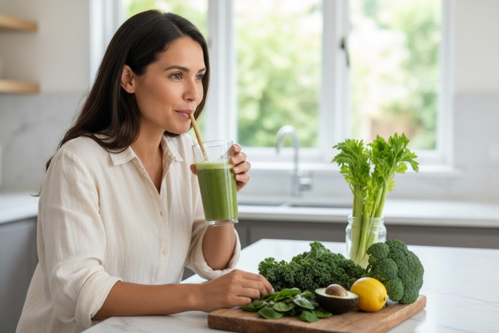 A woman sits at a kitchen counter drinking a green smoothie next to a cutting board with fresh vegetables.