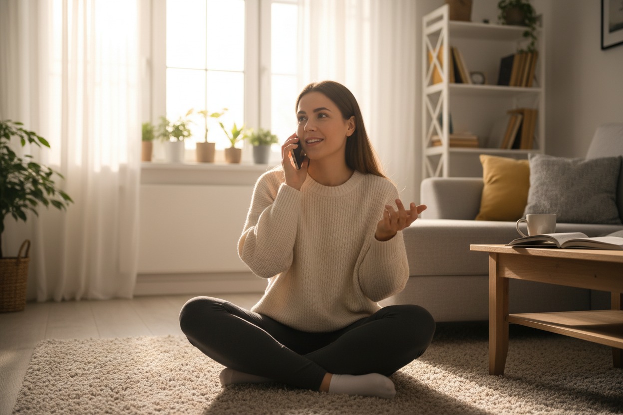 За мен A woman in a beige sweater sits cross-legged on a living room rug while talking on her smartphone.